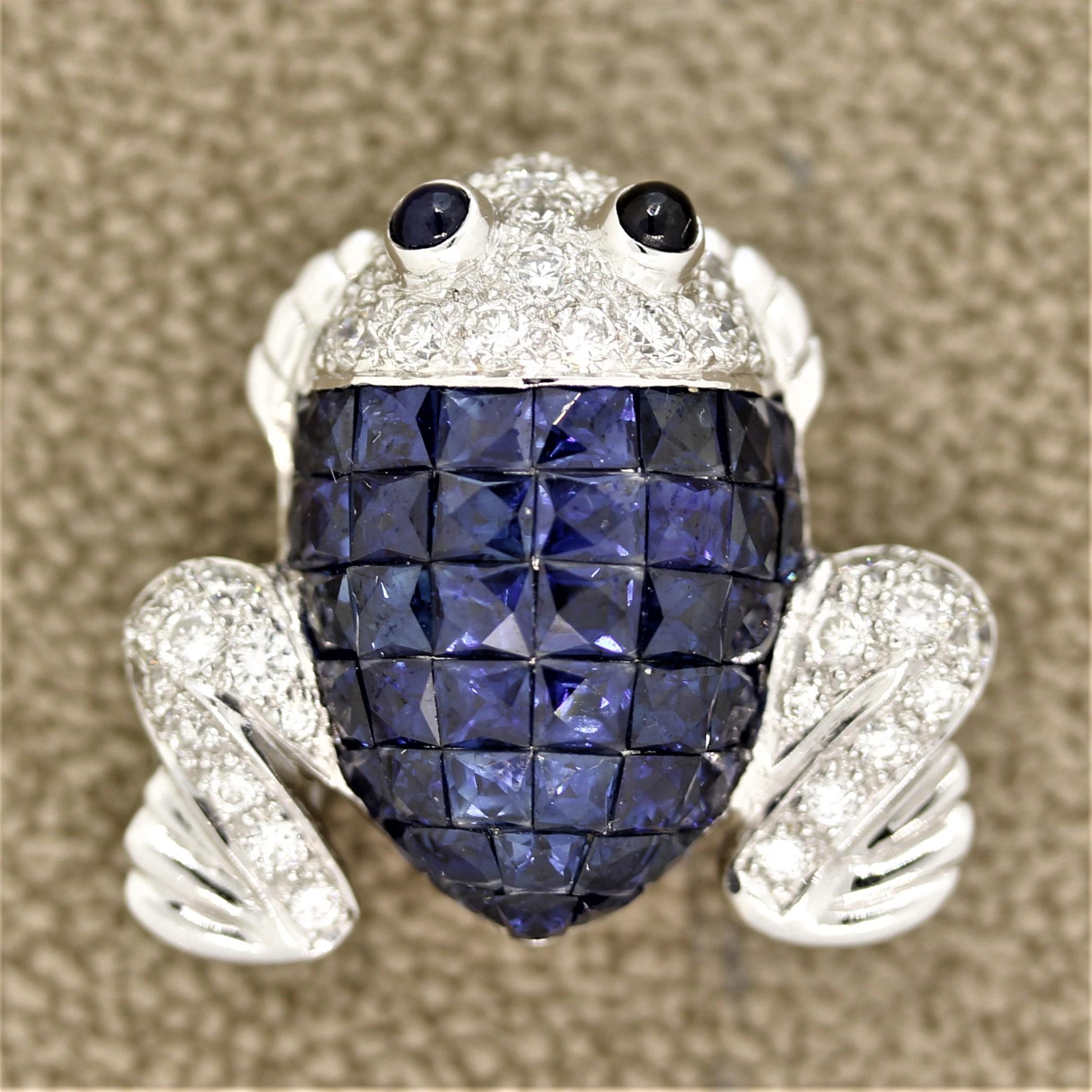 A sweet and lovey gem-set frog! It features 6.80 carats of square cut blue sapphires which are mystery set across its body. The mystery setting allows the stones to be set side by side from one another without prong or other gold fixtures over the