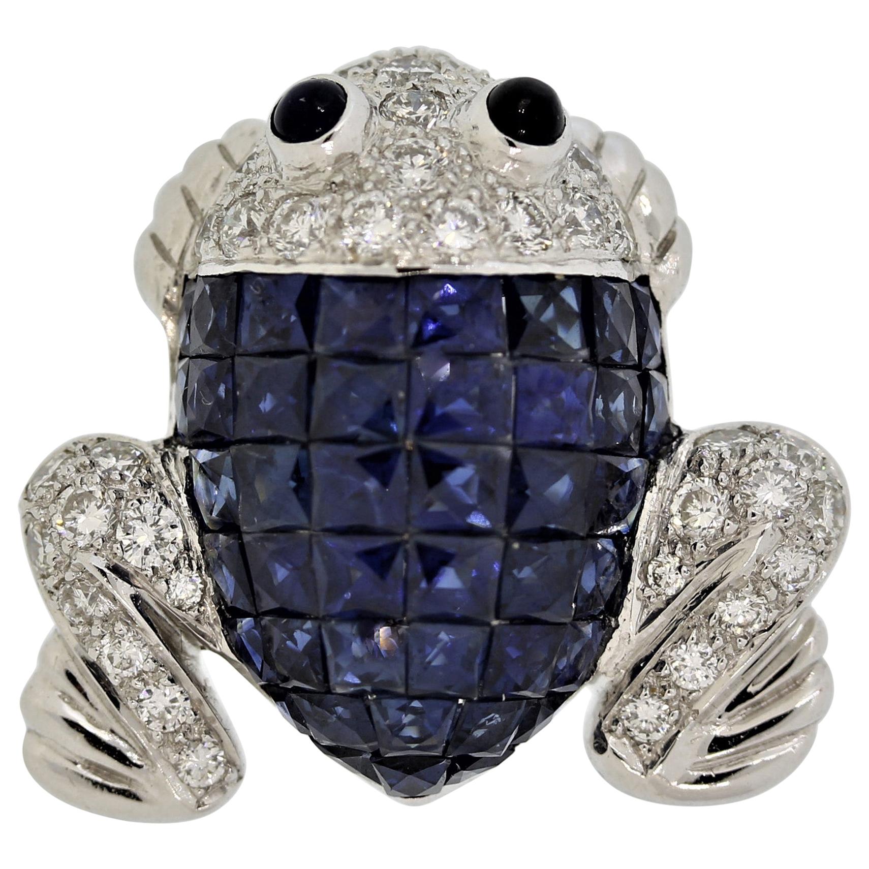 Mystery-Set Sapphire Diamond Gold Frog Brooch For Sale