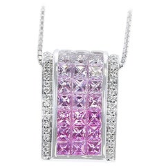 Mystery Set Slope Pink Sapphire and Diamond Pendant, 18 Karat White Gold