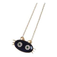 Mystic Black Cat Necklace in 14K Gold with Tsavorite Diamond Eyes