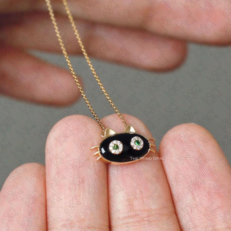 da uomo o donna Collana Mystic Black Cat in oro 18 carati con occhi di diamante tsavorite in vendita