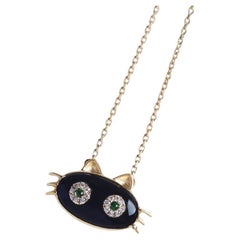 Mystic Black Cat Necklace in 18K Gold with Tsavorite Diamond Eyes