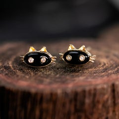 Mystische schwarze Katzenohrstecker aus 14K Gold mit Diamantaugen