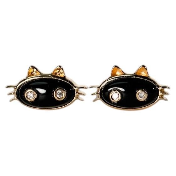 Mystic Black Cat Stud Earrings in 14K Gold with Diamond Eyes For Sale