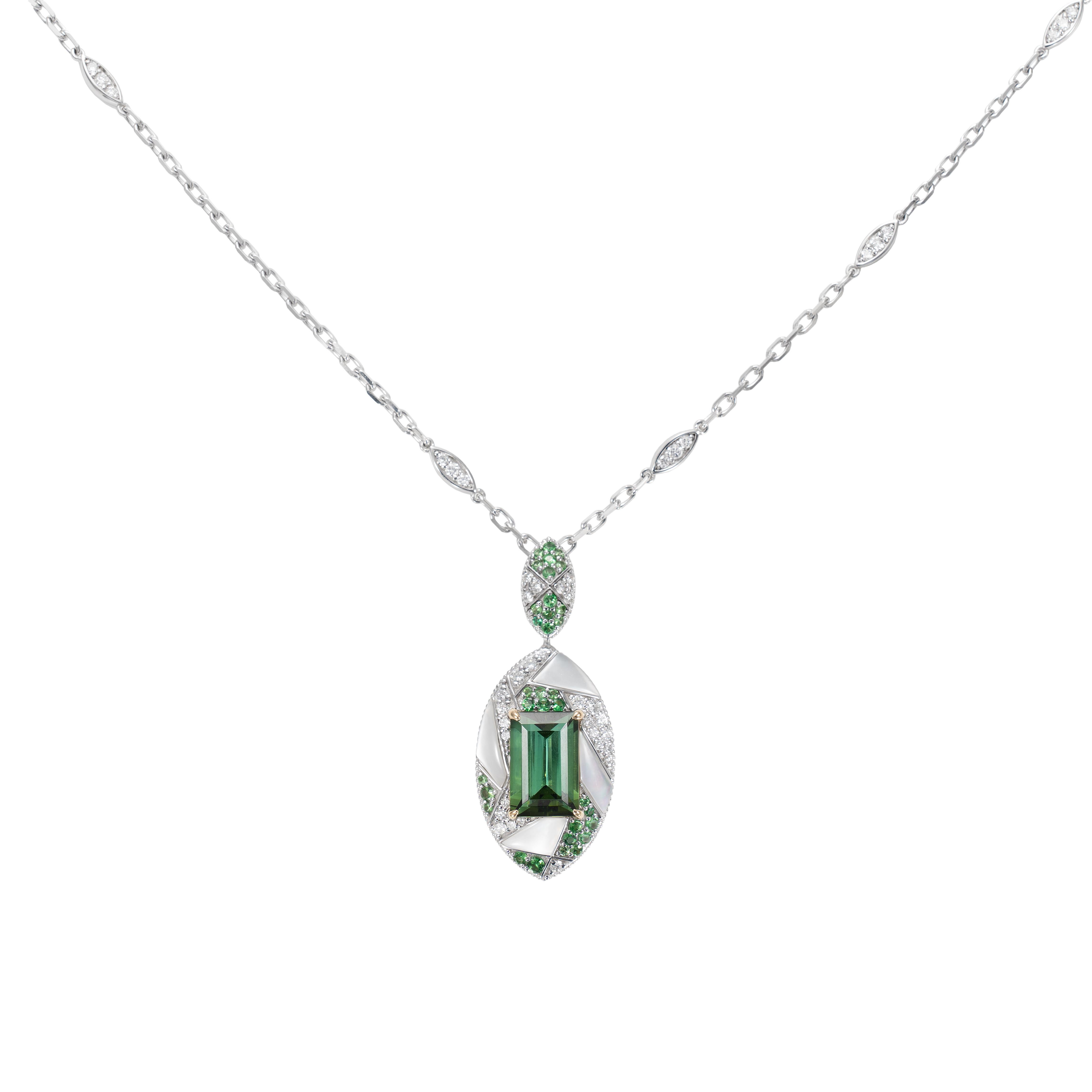 Art Deco Mystic Green Tourmaline Necklace in 18 Karat White & Yellow Gold For Sale