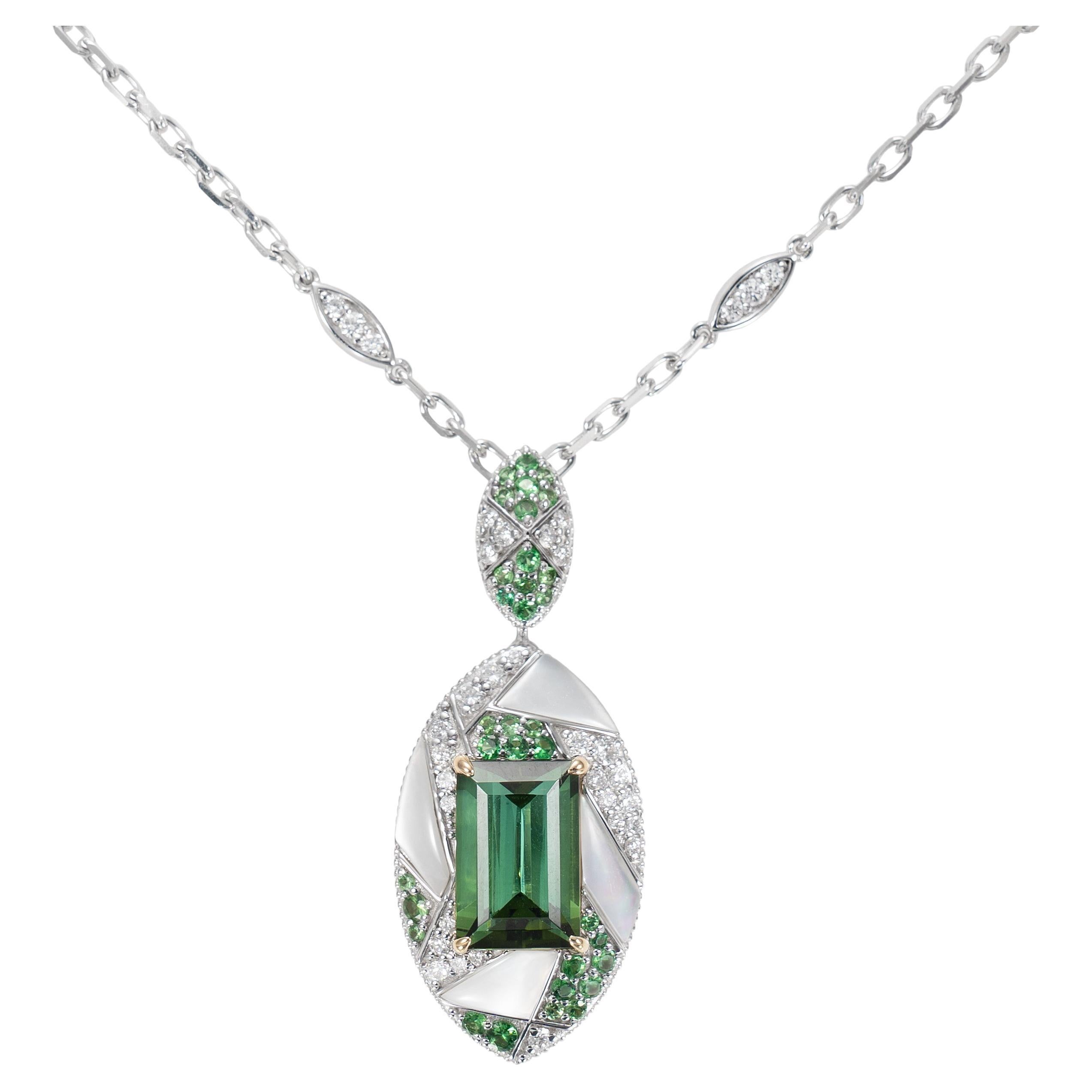 Mystic Green Tourmaline Necklace in 18 Karat White & Yellow Gold For Sale