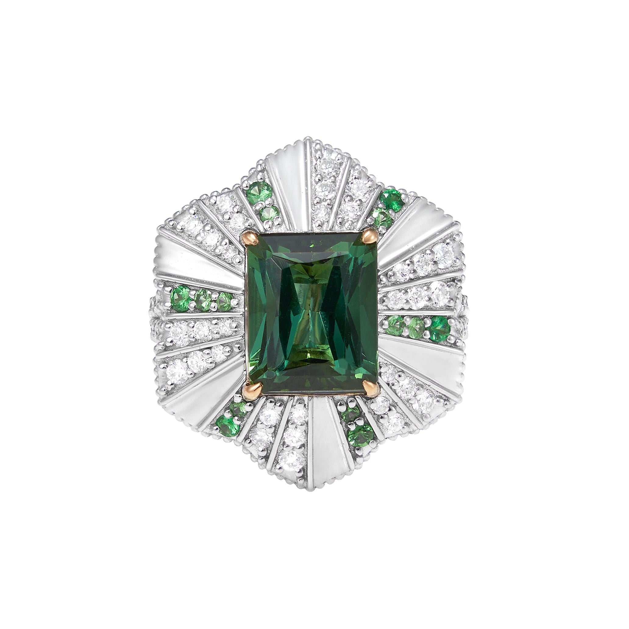 Art Deco Mystic Green Tourmaline Ring in 18 Karat White & Yellow Gold For Sale