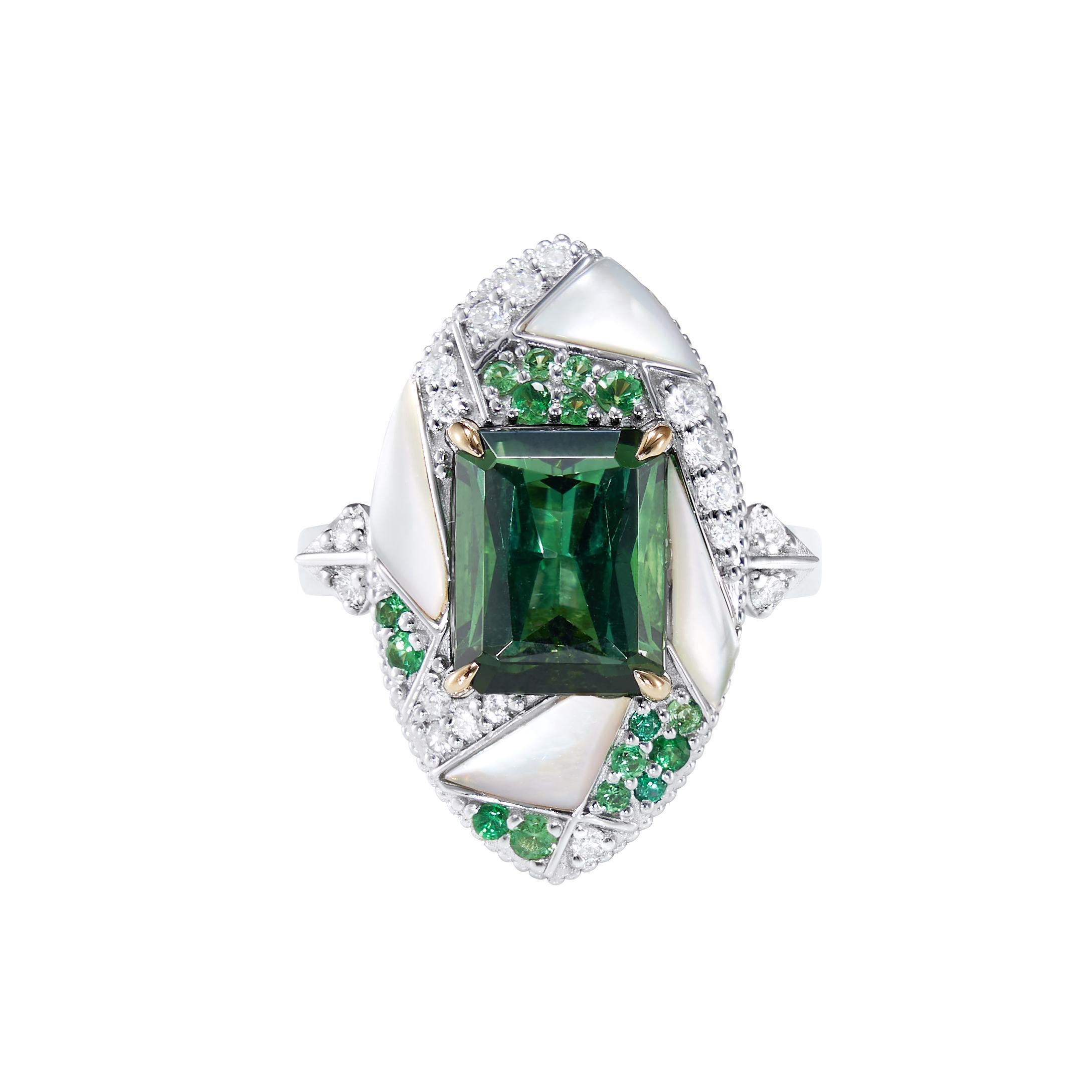 Art Deco Mystic Green Tourmaline Ring in 18 Karat White & Yellow Gold For Sale
