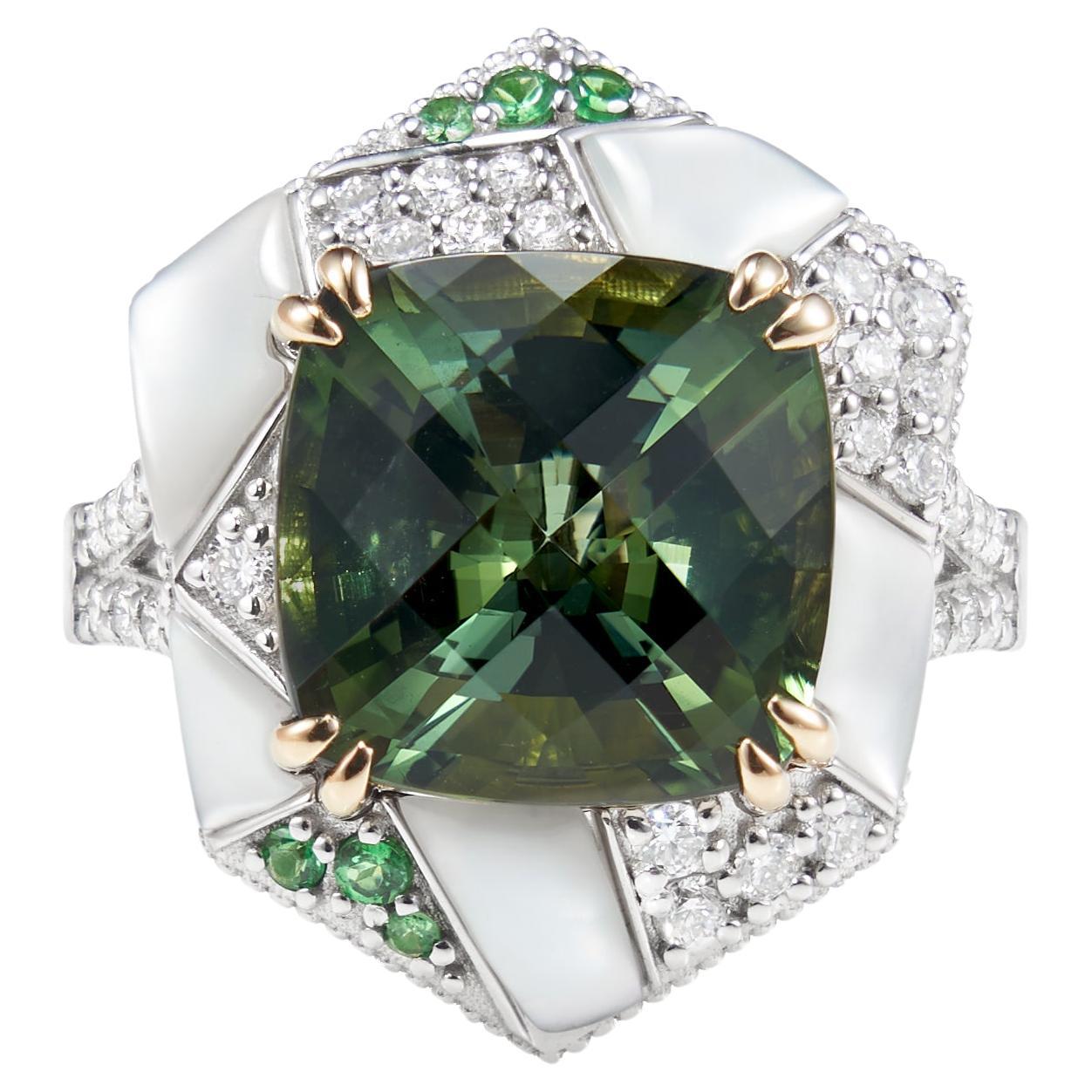 Mystic Green Tourmaline Ring in 18 Karat White & Yellow Gold For Sale