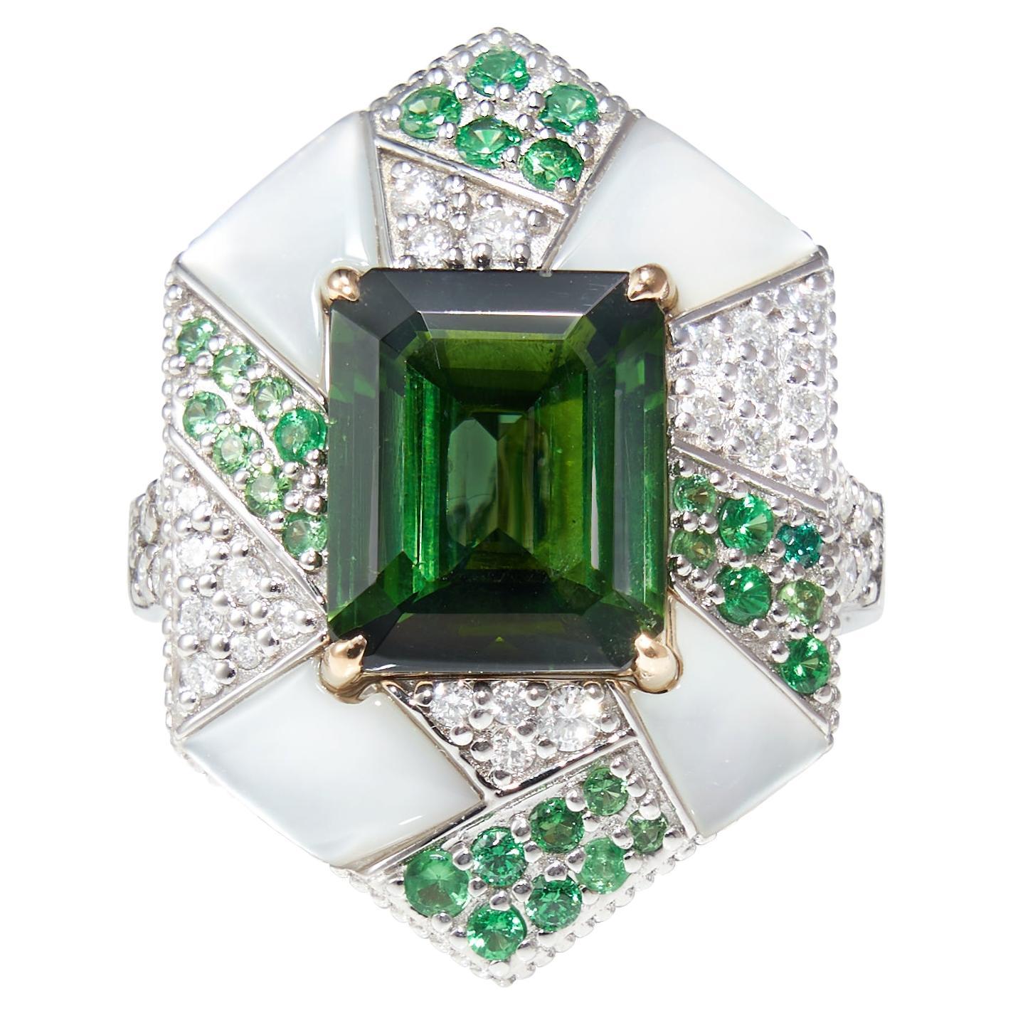 Mystic Green Tourmaline Ring in 18 Karat White & Yellow Gold For Sale