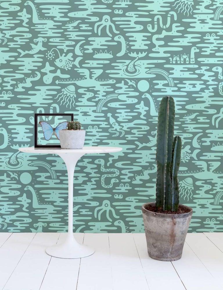 Contemporary Mystic Lagoon Designer Wallpaper in Algae 'Mint Green and Forest Green' For Sale