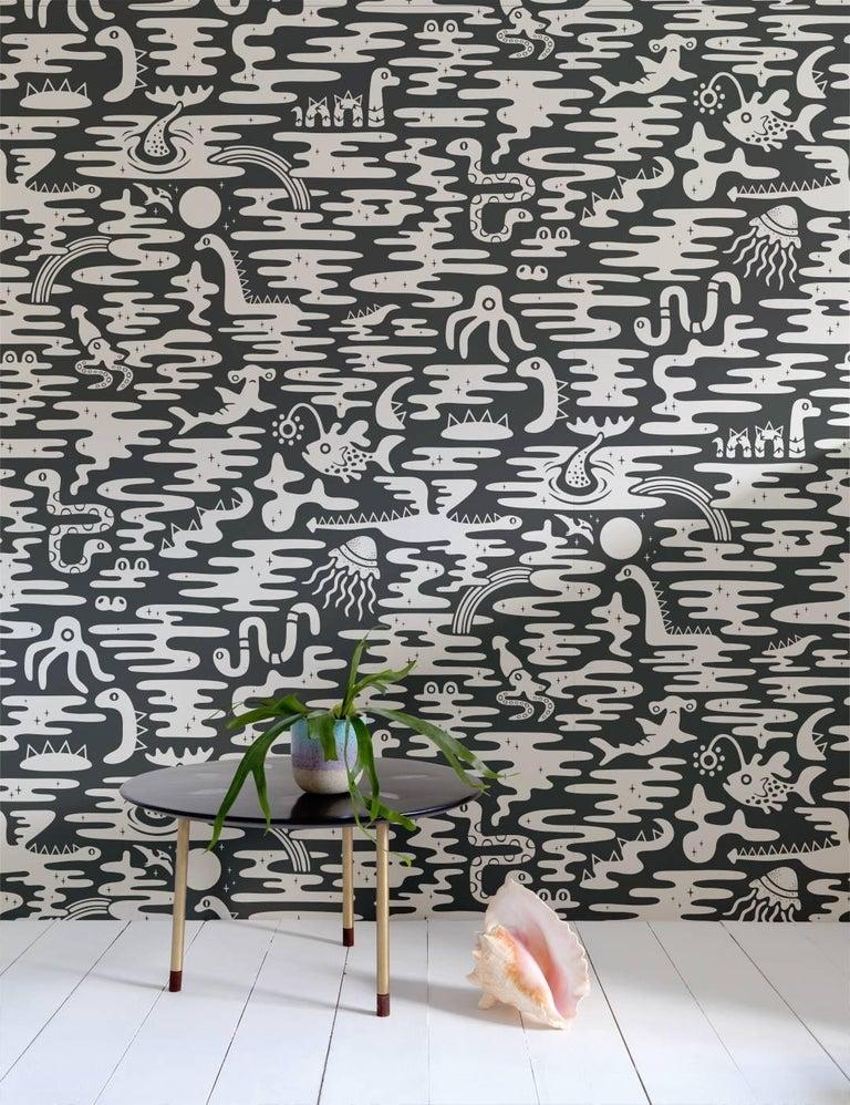 Contemporary Mystic Lagoon Designer Wallpaper in Chalk 'White and Charcoal' For Sale