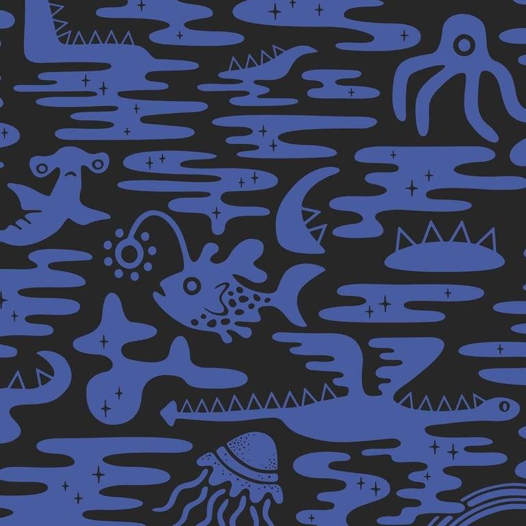 Mystic Lagoon Designer Wallpaper in Aster 'Cobalt on Black' In New Condition For Sale In Brooklyn, NY