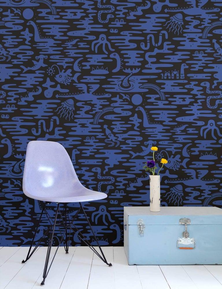 Contemporary Mystic Lagoon Designer Wallpaper in Aster 'Cobalt on Black' For Sale