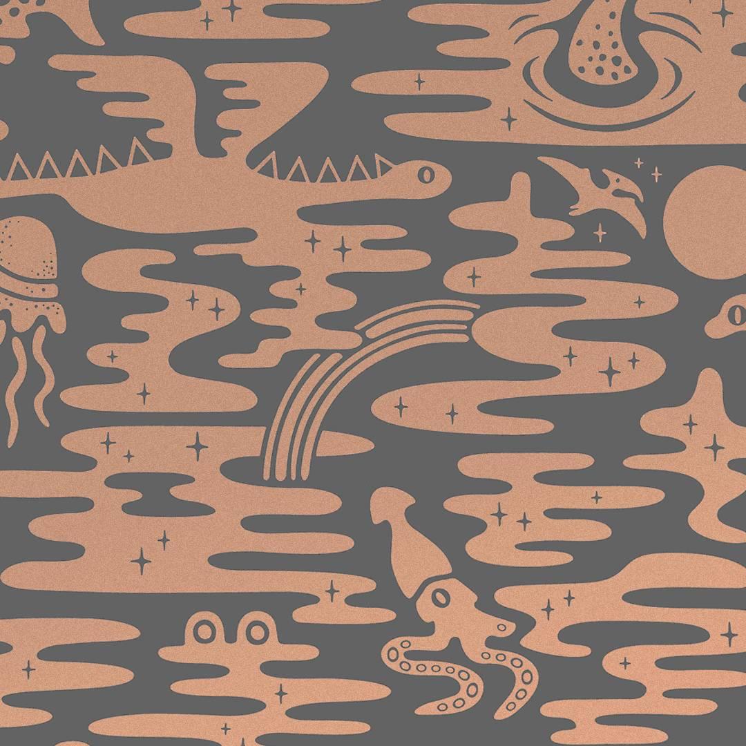 Mystic Lagoon Designer Wallpaper in Glint 'Metallic Copper on Charcoal' For Sale