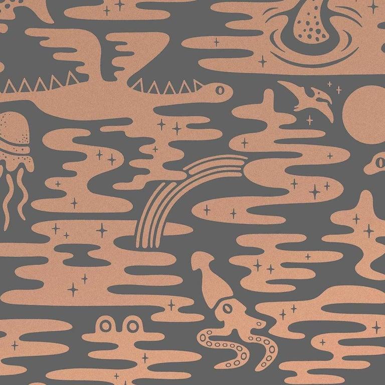 Mystic Lagoon Designer Wallpaper in Glint 'Metallic Copper on Charcoal' In New Condition For Sale In Brooklyn, NY