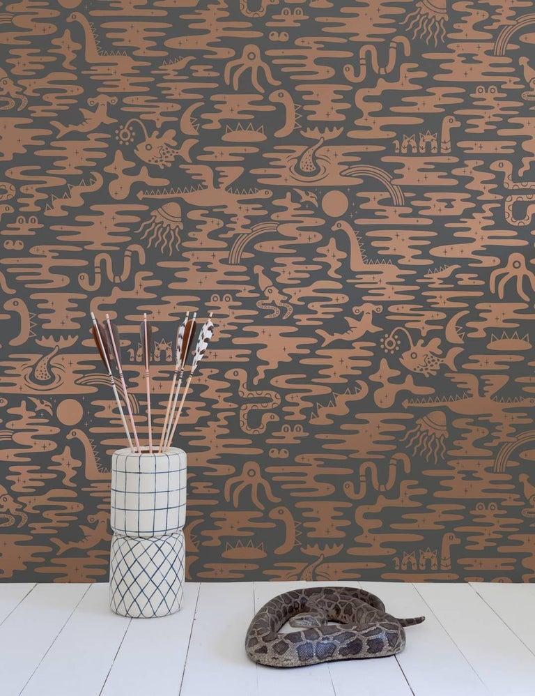 Contemporary Mystic Lagoon Designer Wallpaper in Glint 'Metallic Copper on Charcoal' For Sale