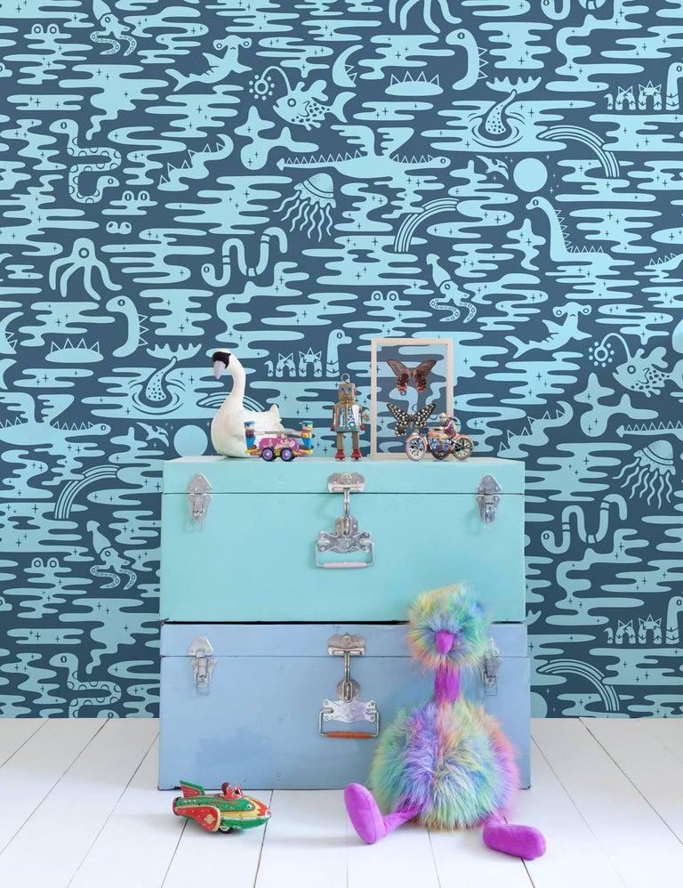 Contemporary Mystic Lagoon Designer Wallpaper in Ocean 'Powder Blue and China Blue' For Sale