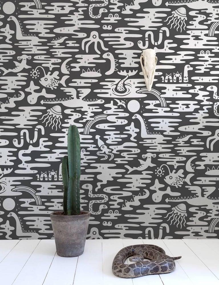 Contemporary Mystic Lagoon Designer Wallpaper in Thunder 'Metallic Silver on Charcoal' For Sale