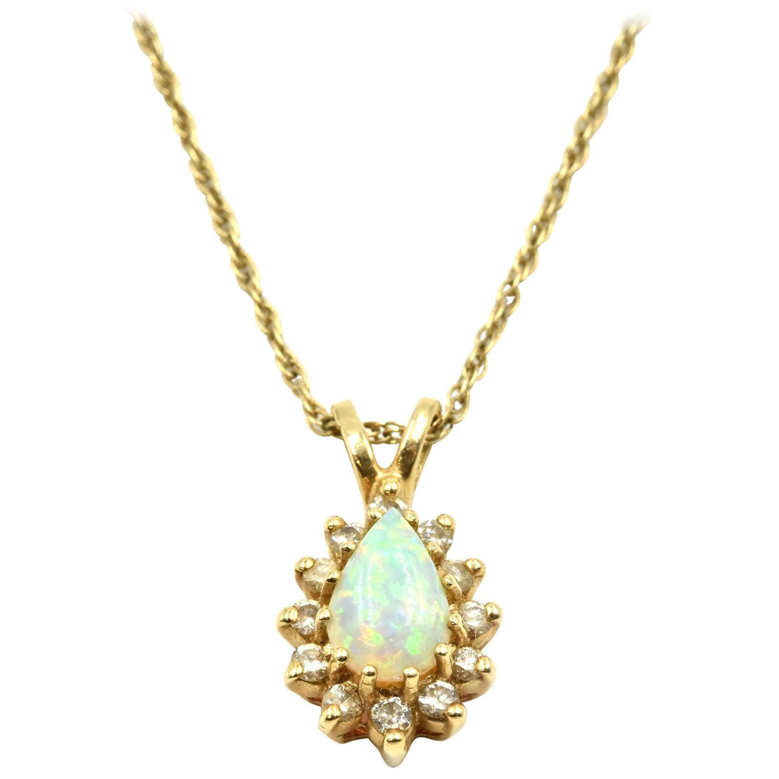 Mystic Opal Gemstone with Diamond Halo Pendant Necklace 14 Karat Yellow Gold