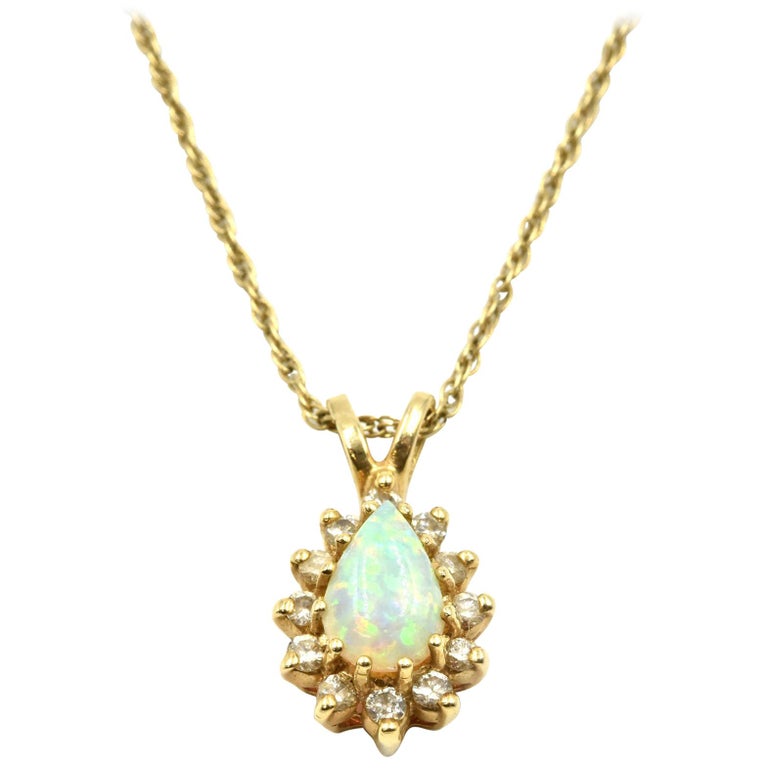 Mystic Opal Gemstone with Diamond Halo Pendant Necklace 14 Karat Yellow ...