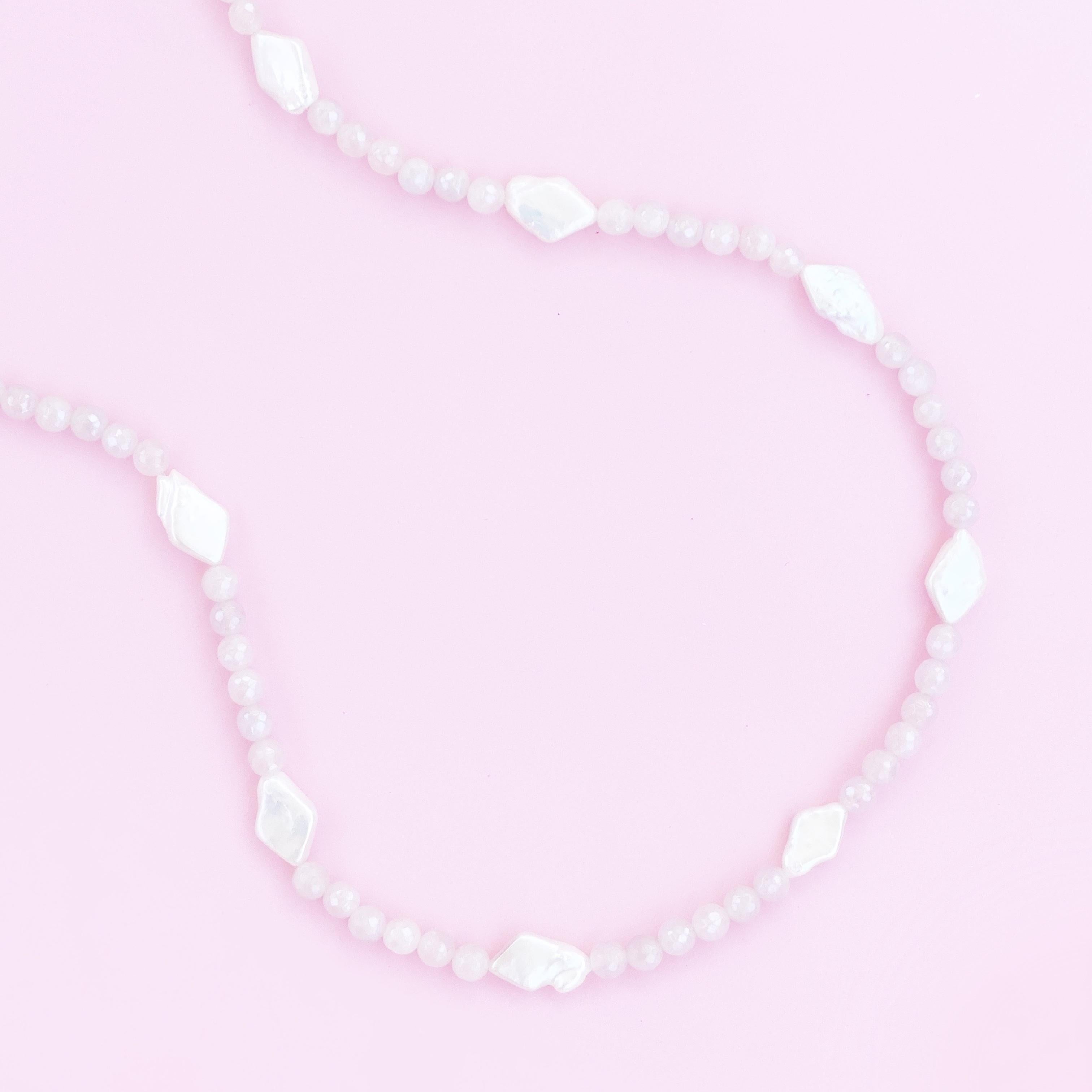 Modern Mystic Pink Aventurine With Diamond Shaped Pearls Gemstone Necklace For Sale