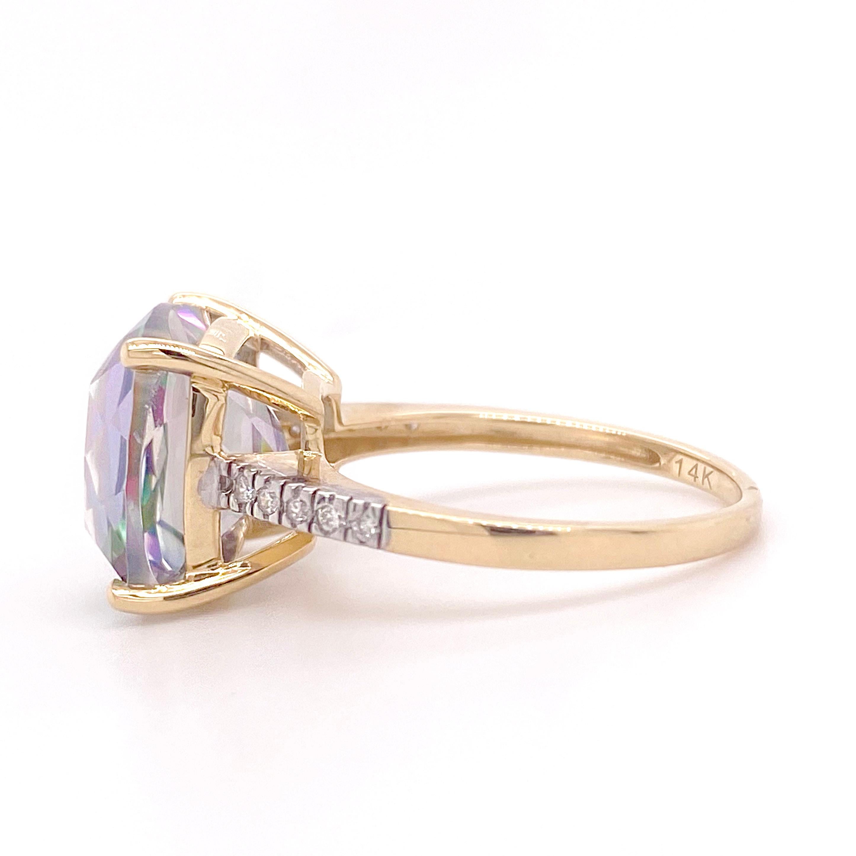 Mystic Topaz Ring in Cushion Shape w Accent Diamonds 8.43 Carats, Purple Green 2