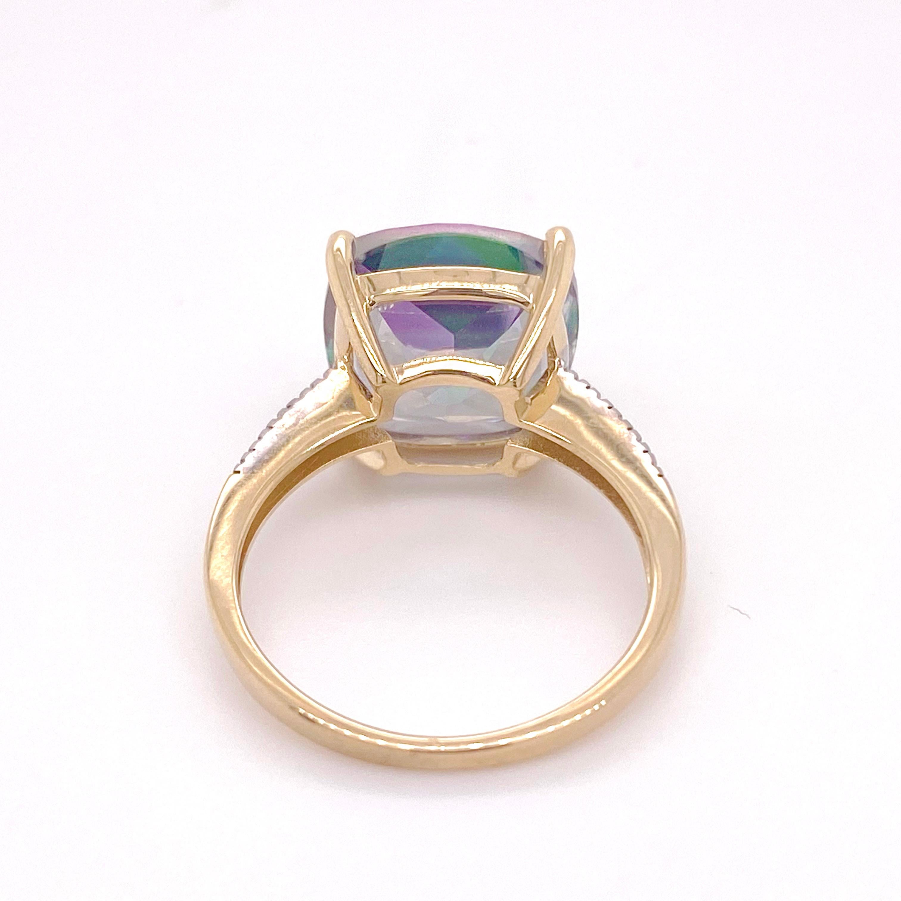 Mystic Topaz Ring in Cushion Shape w Accent Diamonds 8.43 Carats, Purple Green 3