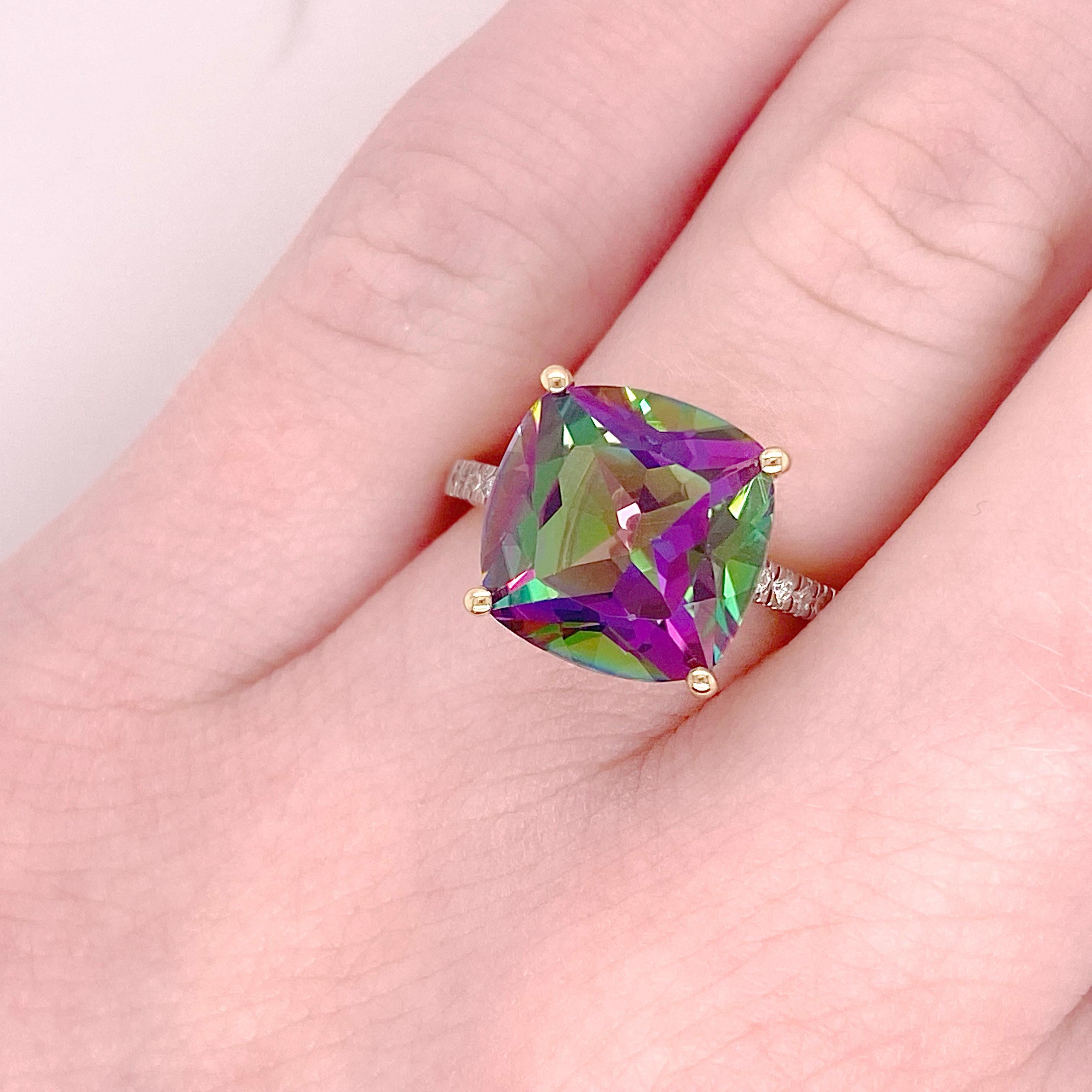 Mystic Topaz Ring in Cushion Shape w Accent Diamonds 8.43 Carats, Purple Green 4