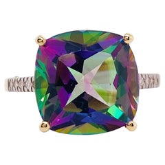 Mystic Topaz Ring in Cushion Shape w Accent Diamonds 8.43 Carats, Purple Green