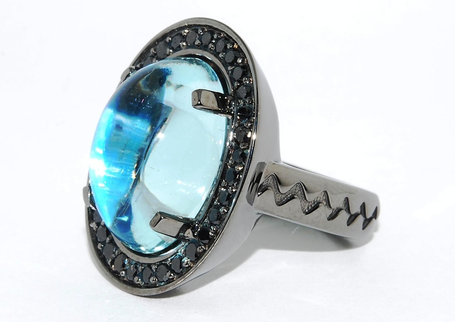 Art Nouveau Mystical Aquamarine Cabochon Ring with Black Diamonds in Blackened White Gold For Sale
