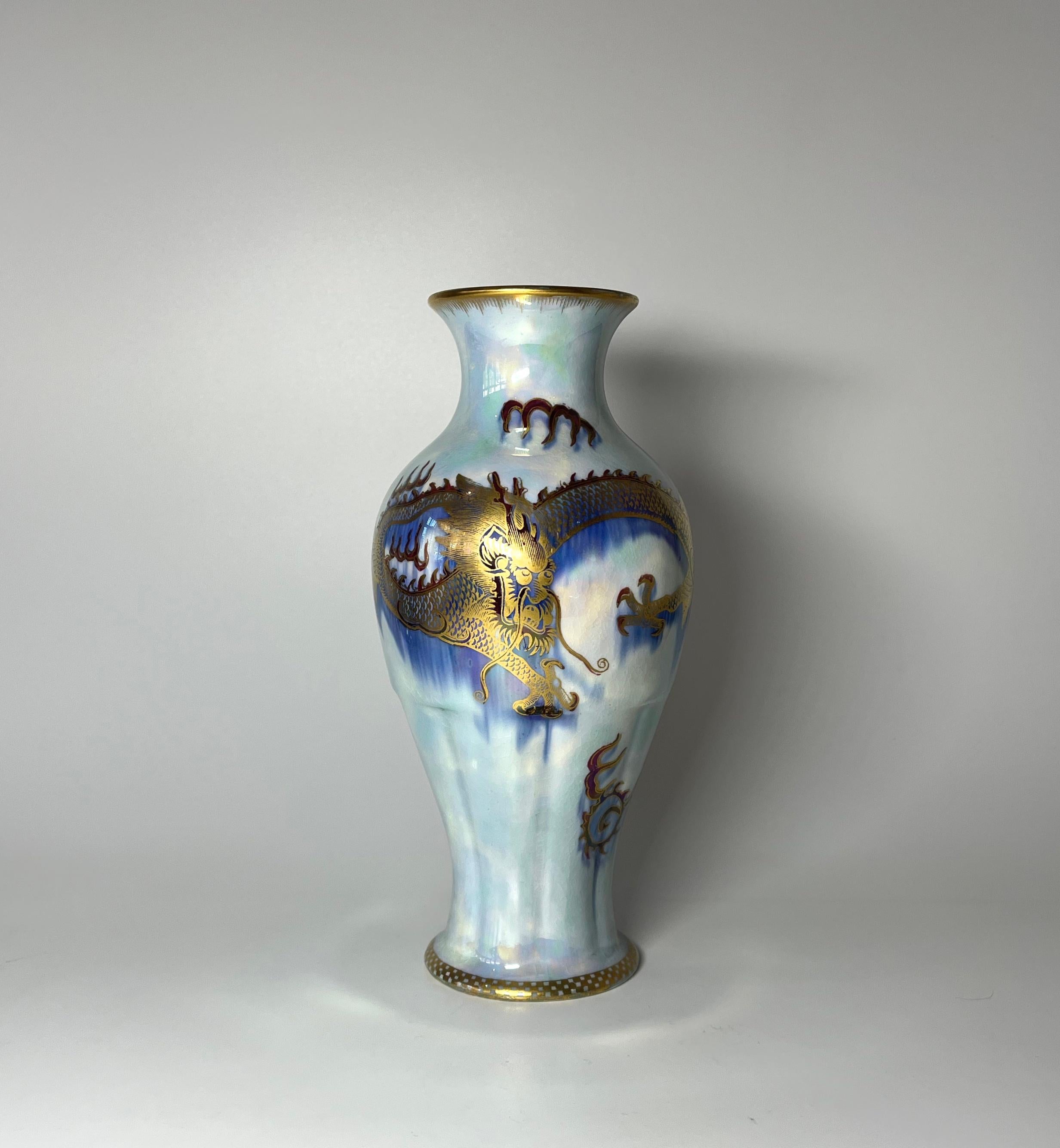 Art Deco Mystical Gilded Dragon Wedgwood Mixed Blue Ordinary Lustre Porcelain Vase Z4829 For Sale
