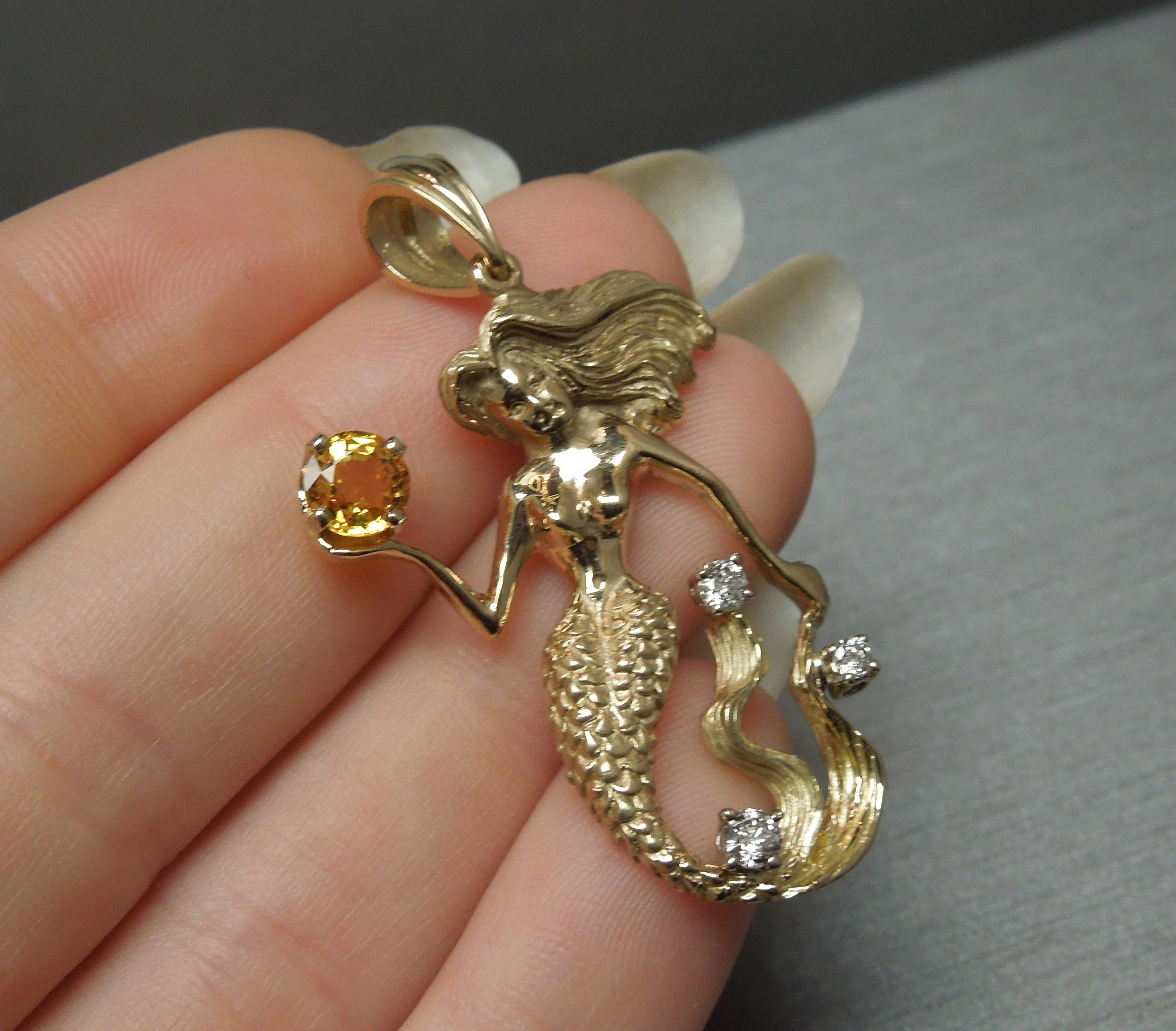 Round Cut Mystical Mermaid Golden Sapphire Pendant For Sale