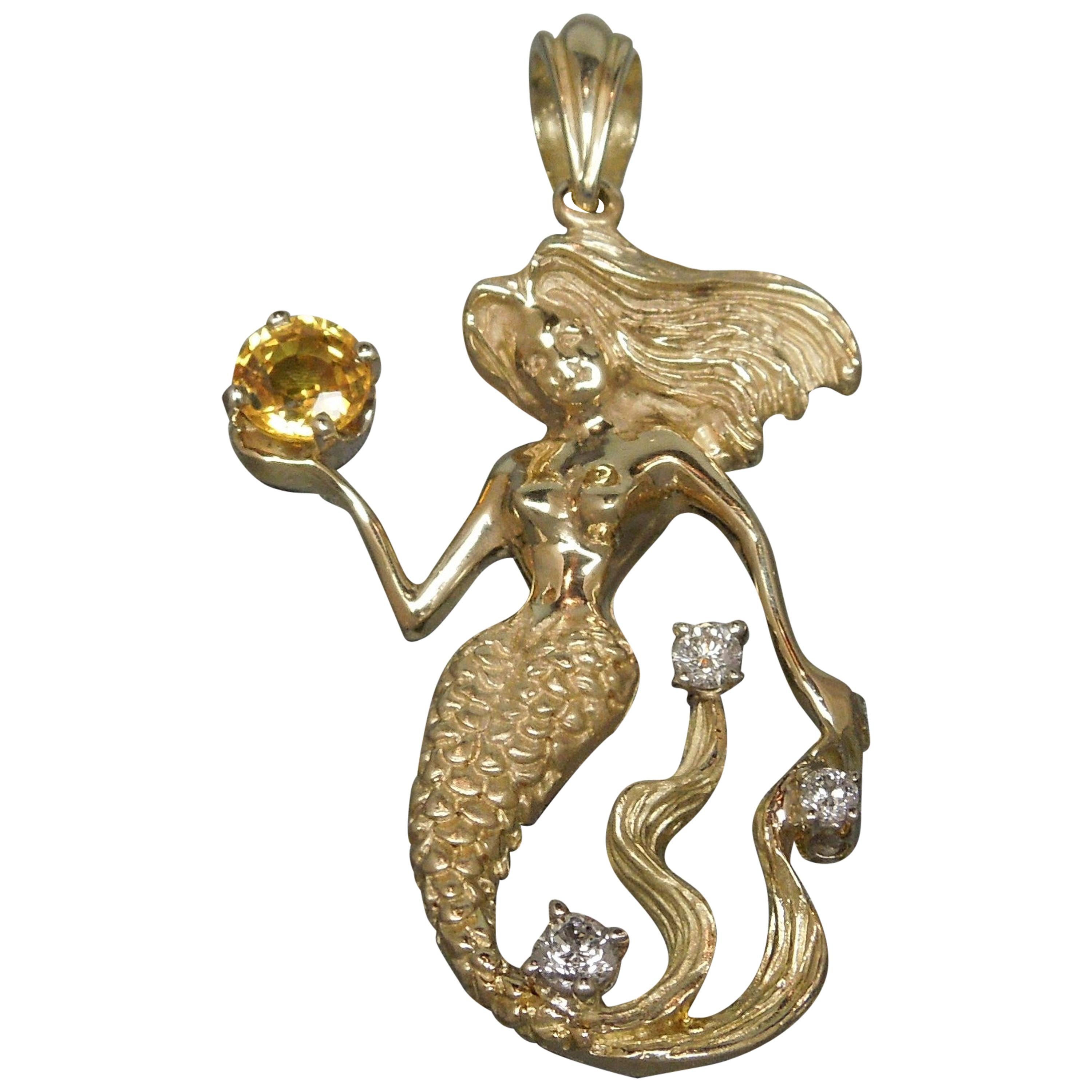 Mystical Mermaid Golden Sapphire Pendant For Sale