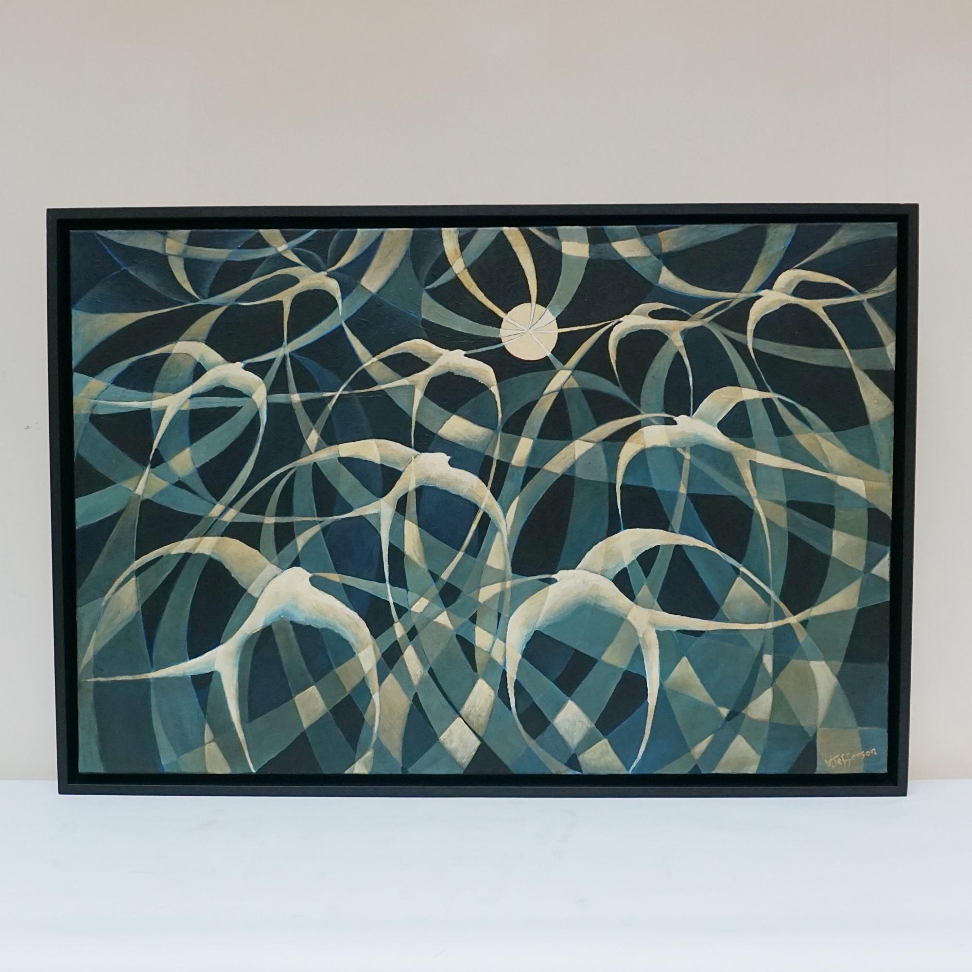 'Mystical Moon Birds' An Art Deco Style Contemporary painting by Vera Jefferson depicting swirling moonlit skylarks against  a blue, stylised, abstract background .  Signed V Jefferson to lower right. 

Dimensions: H 93cm W 63.5 D 5cm

 Vera