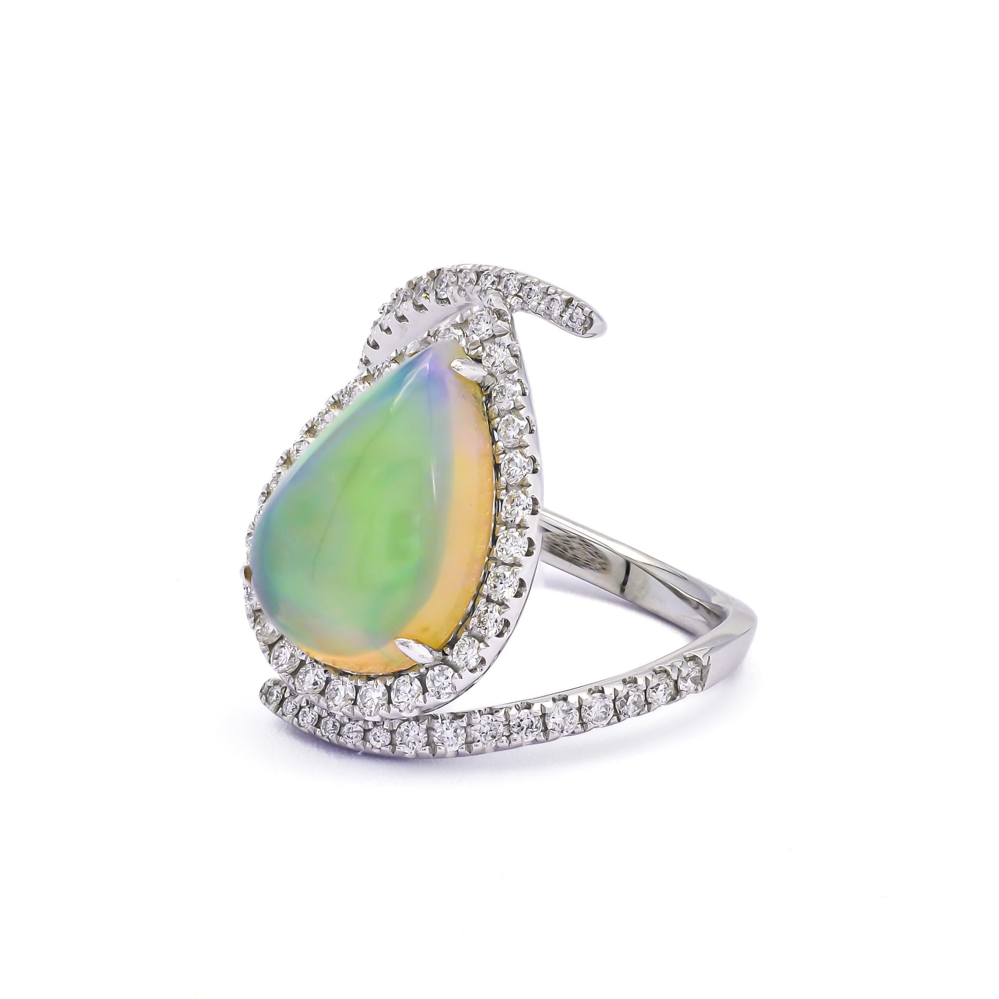Modern Natural Diamond 0.72CT Natural Opal 3.74CT 18KT White Gold Ring  For Sale