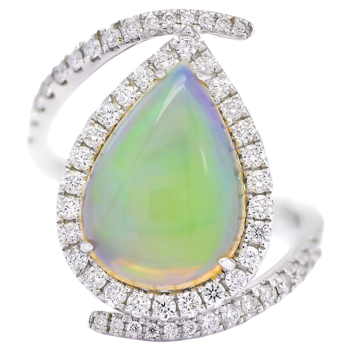 Natural Diamond 0.72CT Natural Opal 3.74CT 18KT White Gold Ring  For Sale