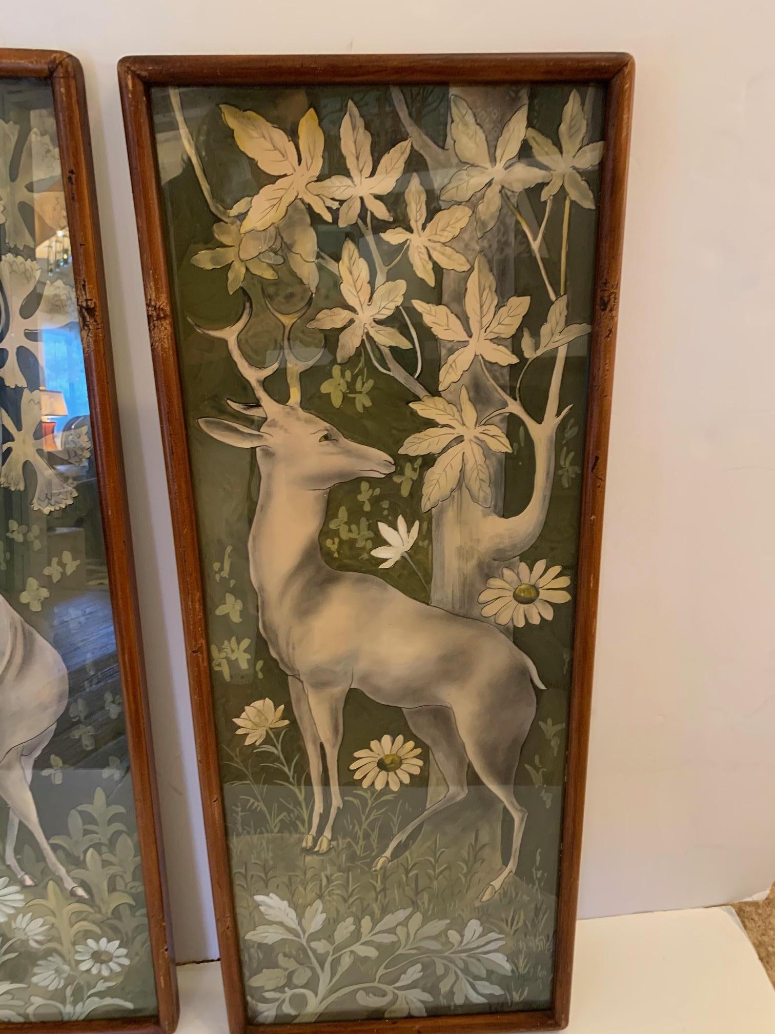 An ethereal show stopper triptych painting having 3 panels of gouache on paper in a muted color palette and other worldly scene of a deer grazing in a magical forest. 
Each panel is signed and measures 16” W x 1” D x 41.5” H.
 
