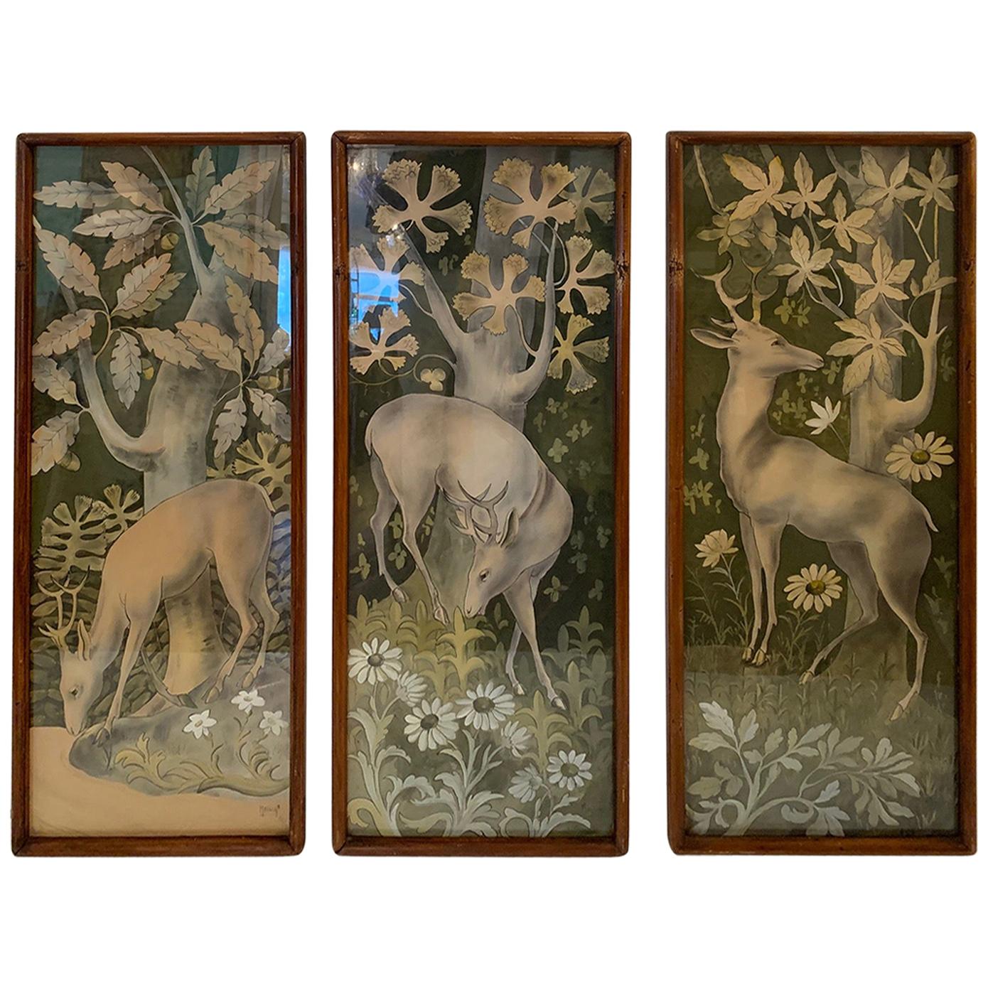 Mystical Vintage Gouache Triptych of Deer in the Forest