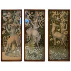 Mystical Vintage Gouache Triptych of Deer in the Forest