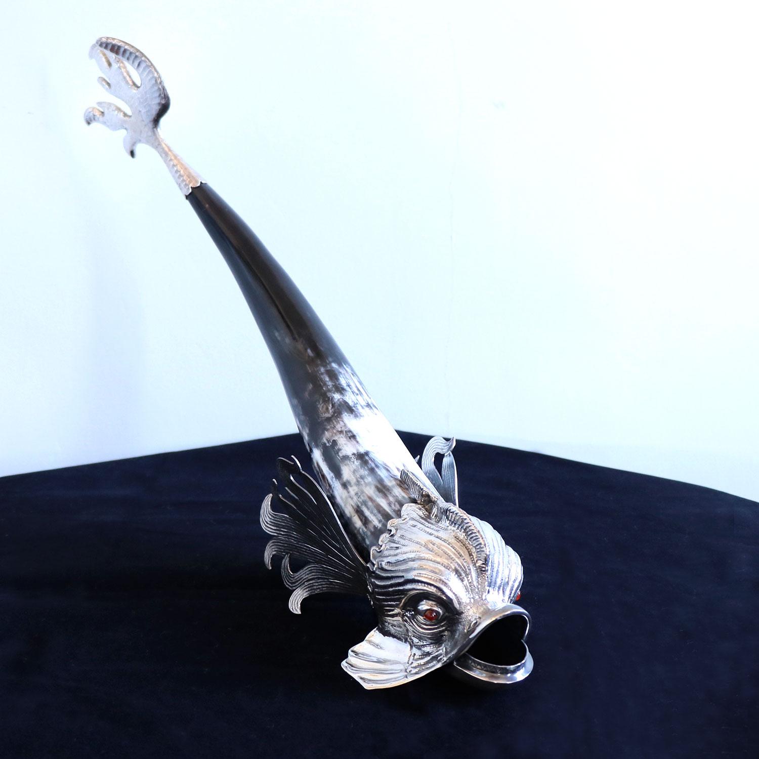 Portuguese Mythic fish by Alcino Silversmith 1902 Handcrafted in Sterling Silver and Horn For Sale