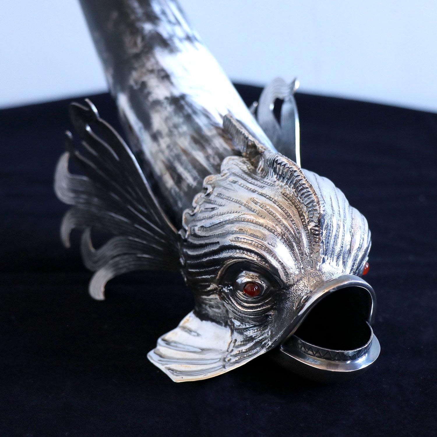 Contemporary Mythic fish by Alcino Silversmith 1902 Handcrafted in Sterling Silver and Horn For Sale