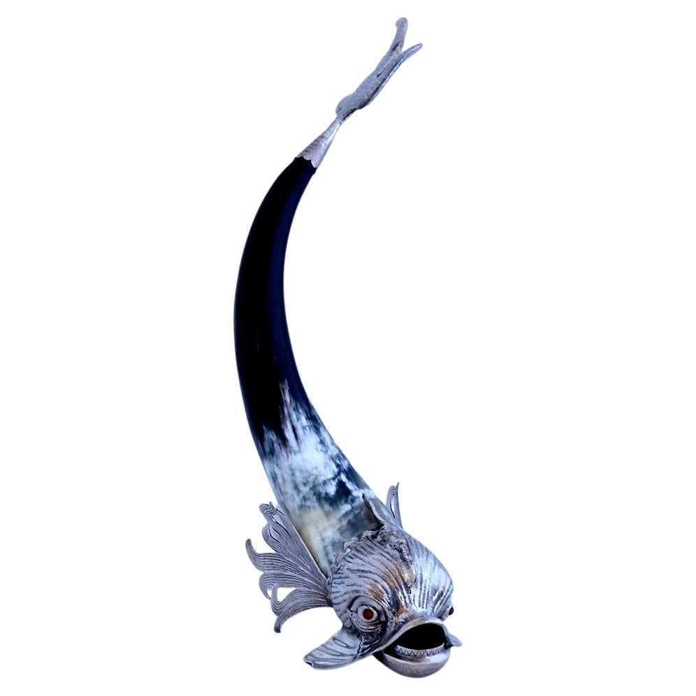 Mythic Fish by Alcino Silversmith 1902 Handcrafted in Sterling Silver and Horn For Sale