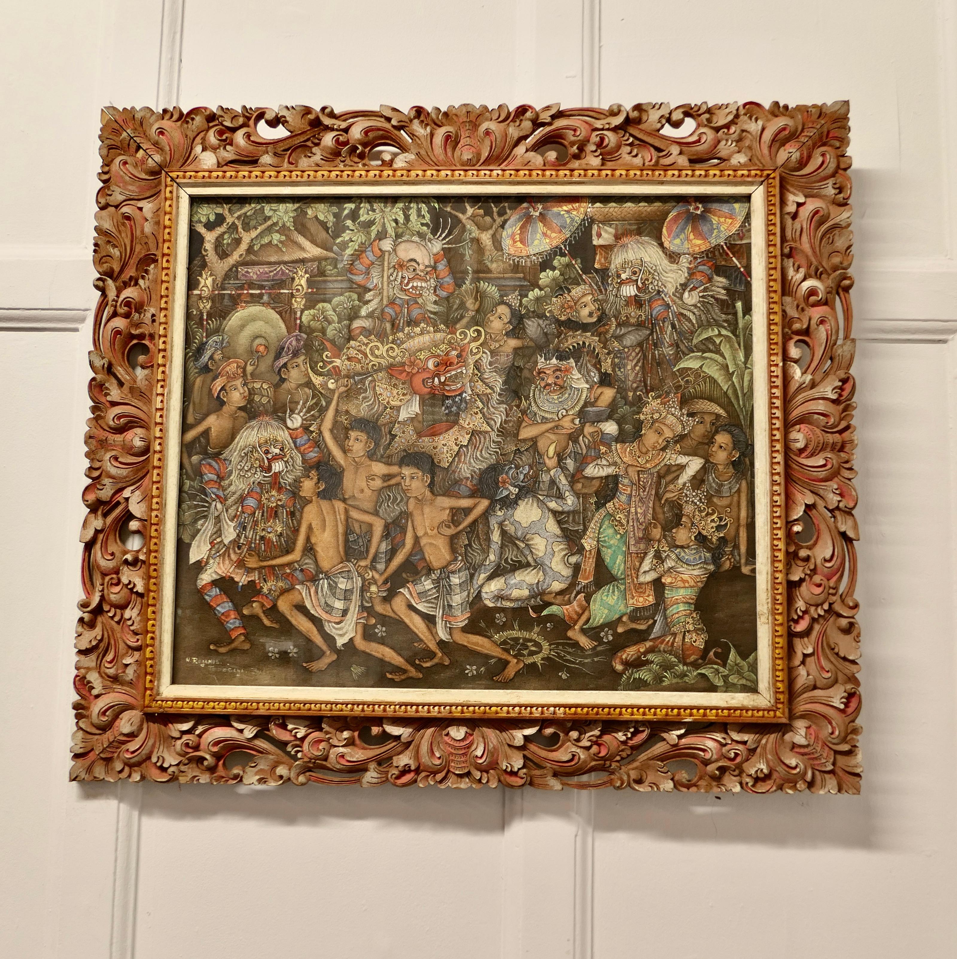 Mythisches Balinesisches Gemälde in originalem geschnitztem Rahmen von W Rejamus

Wunderschöne Details und unglaublich bunte Figuren, sehr gut ausgeführt, alles in allem ein sehr interessantes Stück und signiert, der geschnitzte Rahmen ist 4