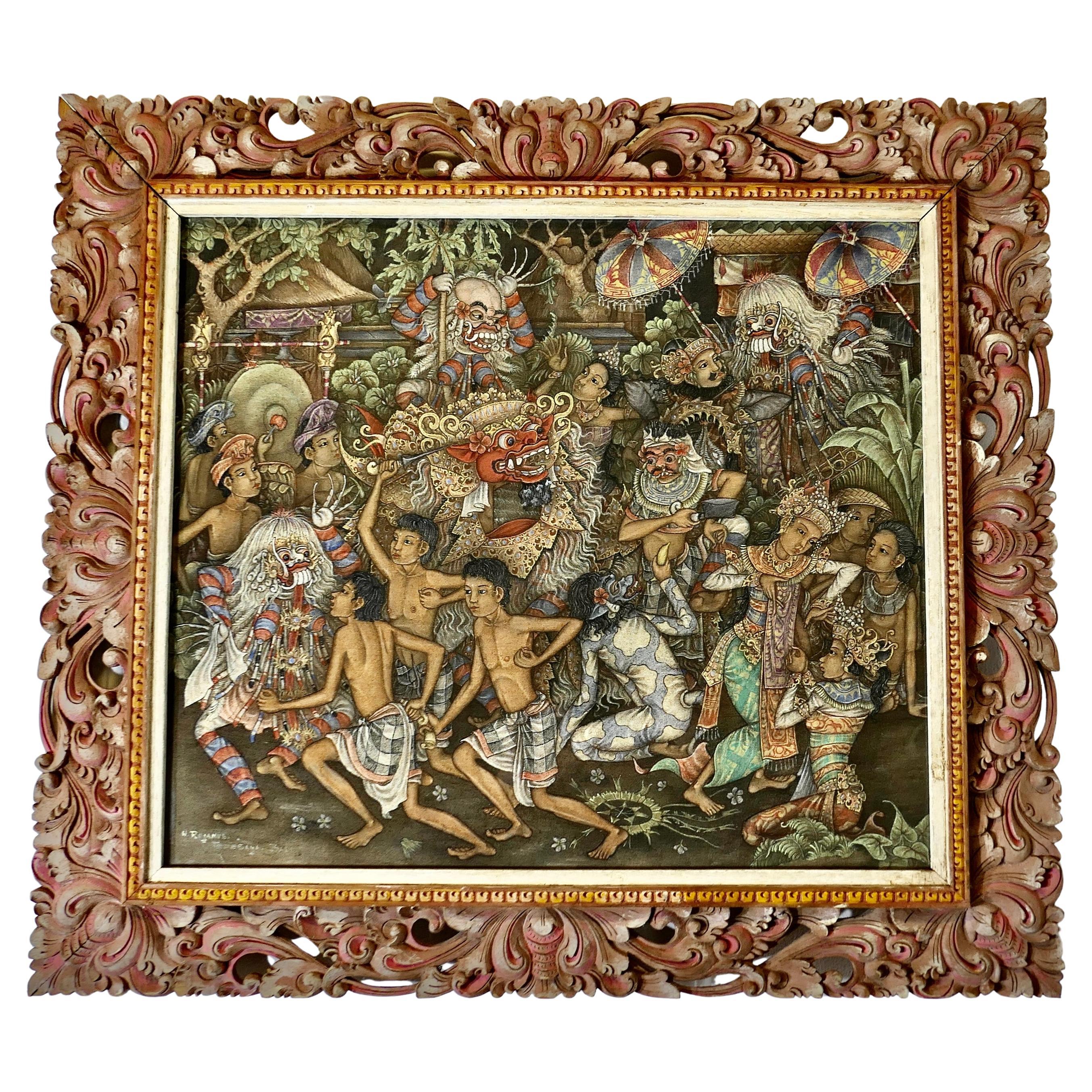 Peinture balinaise mythique dans son cadre sculpté d'origine par W Rejamus