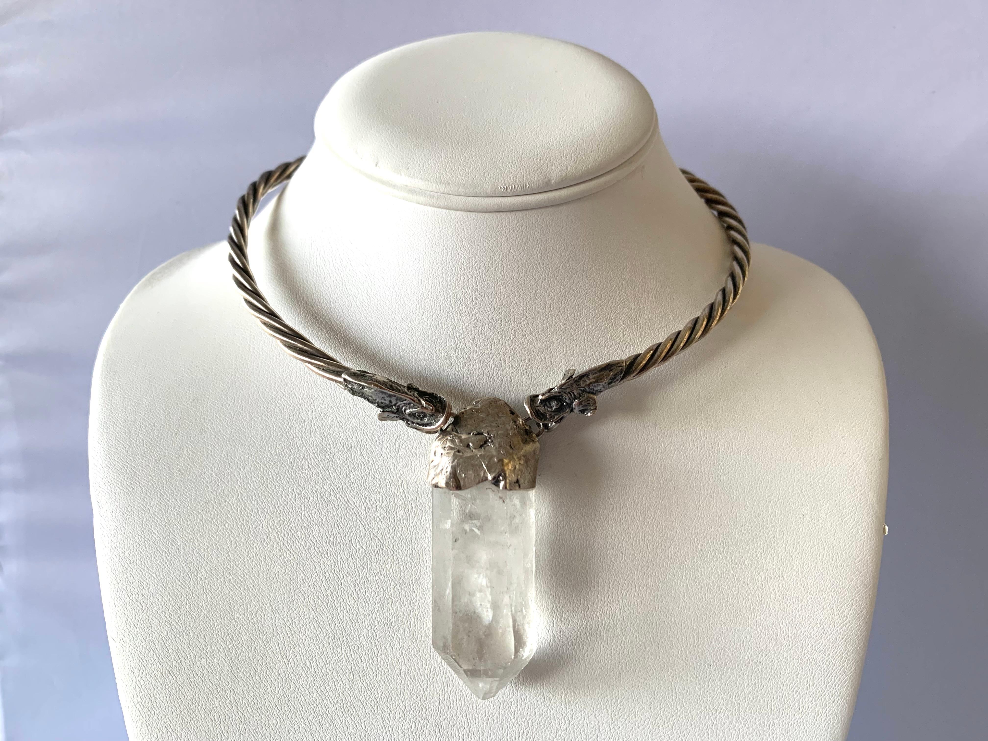 Brilliant Cut Mythical Fish Rock Crystal Obelisk Necklace For Sale