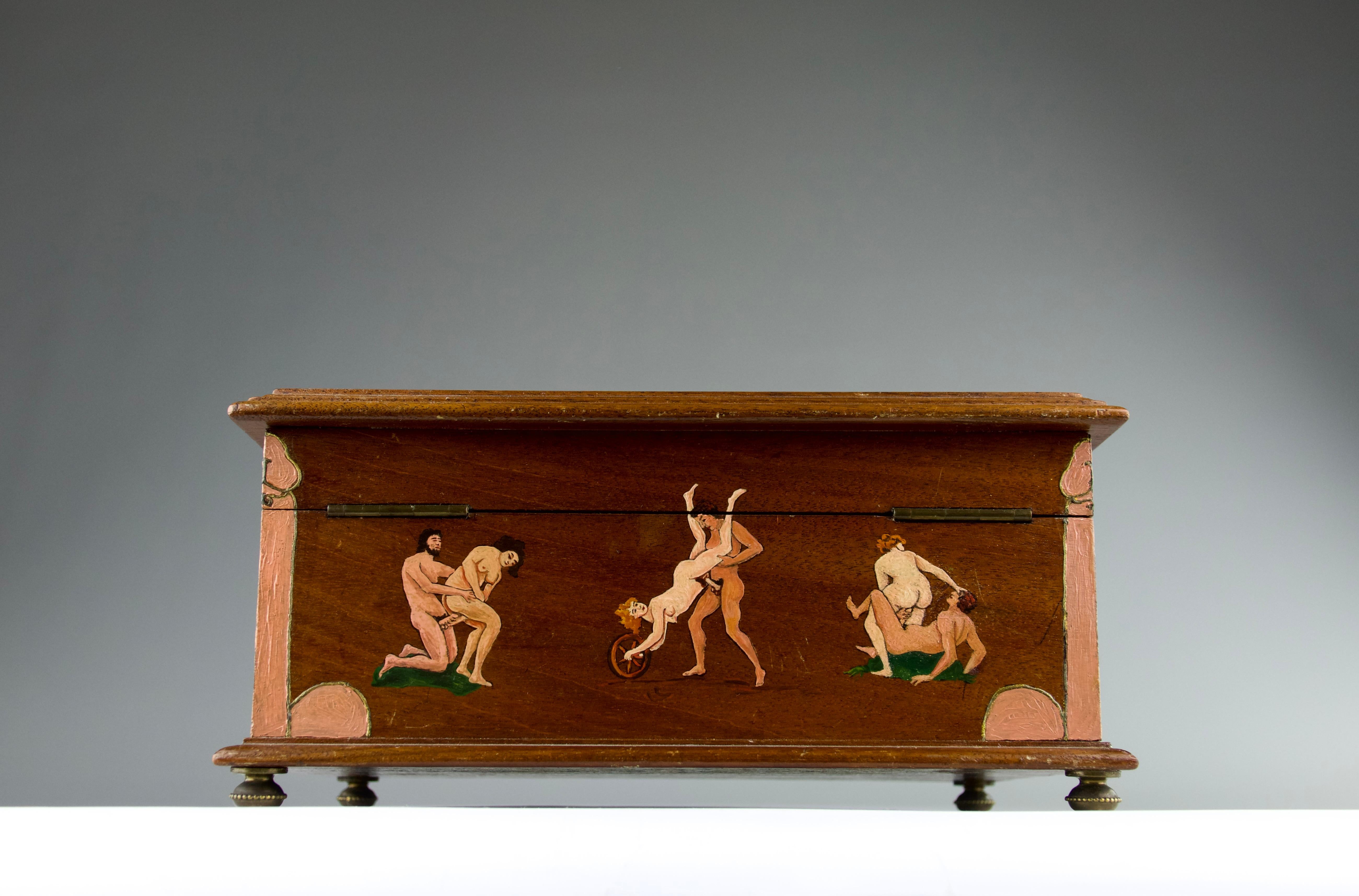 Painted Mythological Art Nouveau Erotic Lockbox, France Early 20th Century