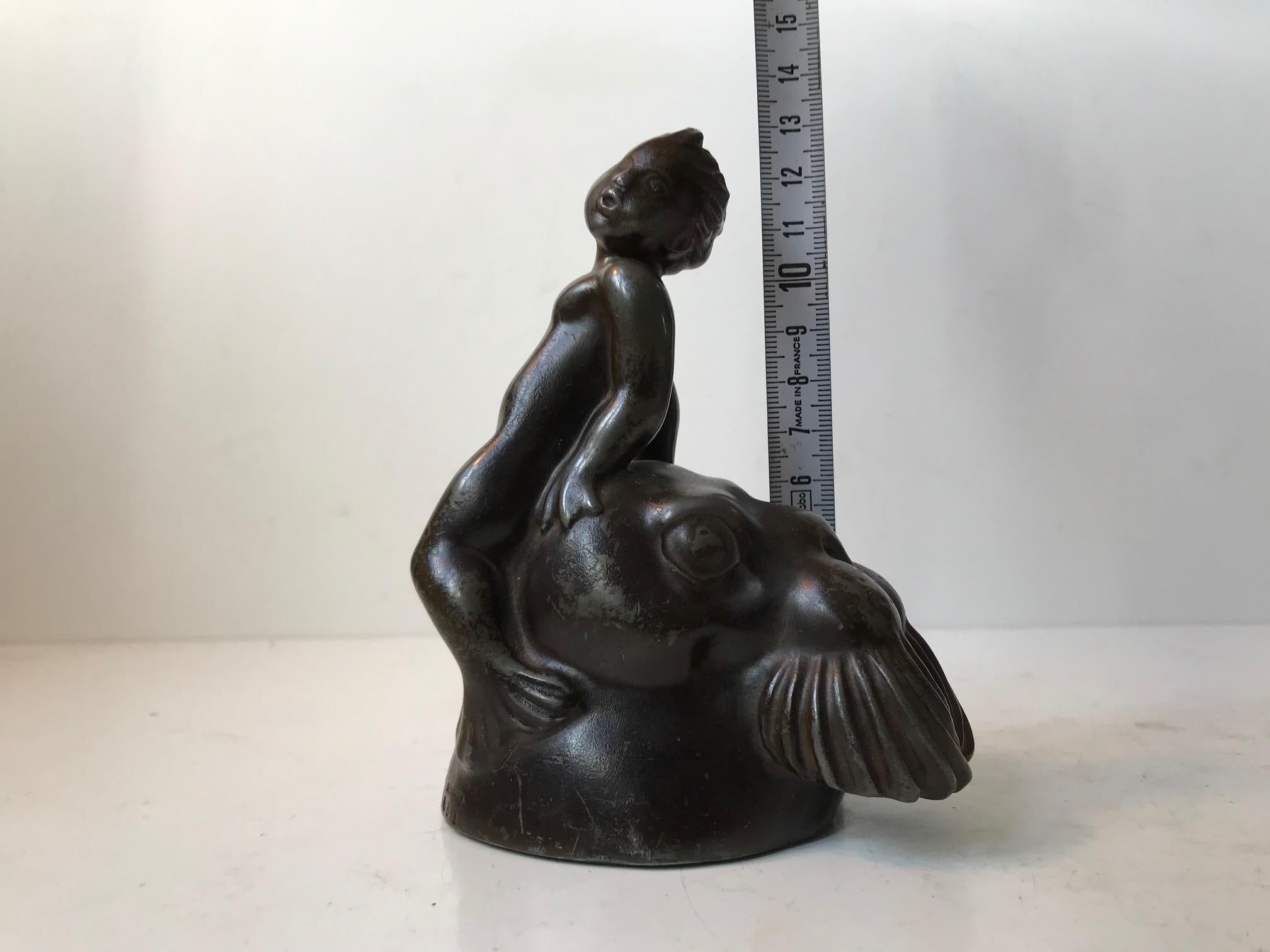 Danish Mythological Diskometal Figurine with Walrus & Faun by Just Andersen, 1930 For Sale