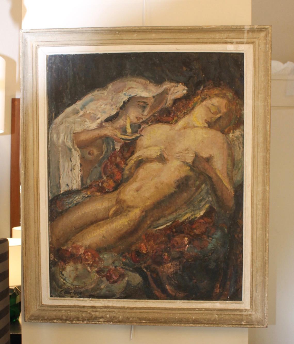 Hand-Painted Mythological Painting, F.Quelvée, French, 1940 For Sale