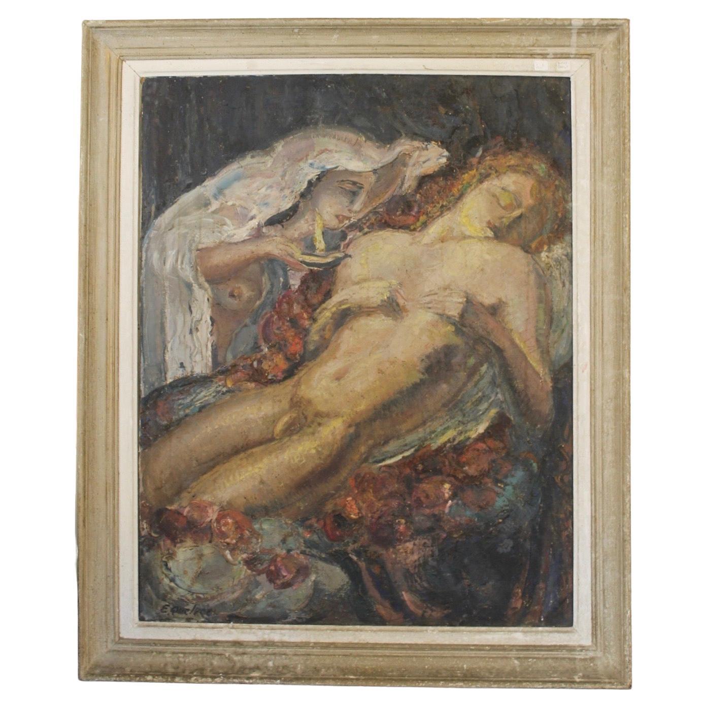 Mythological Painting, F.Quelvée, French, 1940 For Sale